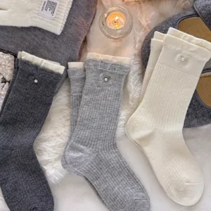 Autumn winter cashmere socks Korean style contrast color mid tube pearl bow stacked socks