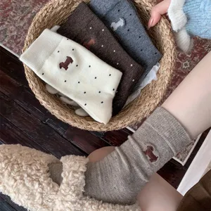 Cashmere wool socks for women, cute dachshund puppy embroidery and polka dot winter warm mid-calf socks.