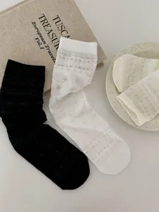 Close-up of sheer breathable Korean style slouch socks with delicate knit patterns, soft texture.