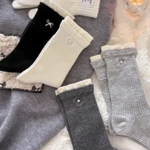 Korean winter cashmere crew socks with contrast trim pearl bow aesthetic cozy knit hosiery