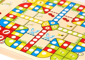 Wooden Ludo board game for kids, colorful educational tabletop family interactive toy.