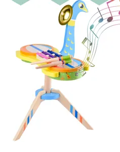 Wooden multi-functional peacock musical toy, kids percussion drum and xylophone set.