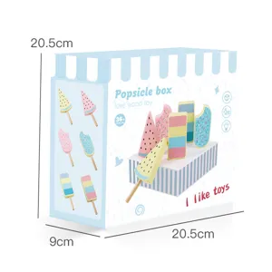Wooden ice cream toy set detail view, colorful popsicle blocks and cute storage box for kids.