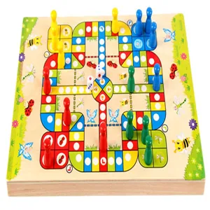Wooden ludo board game set with colorful pawns and dice for kids family desktop fun play.