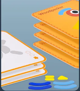 Educational kids animal puzzle toy detail showing stacking cards and colorful shapes.