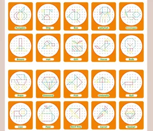 Montessori geoboard pattern cards detail showing various geometric shapes and animal designs.