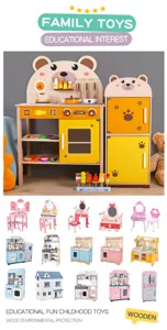 Detailed view of wooden pretend play kitchen toys and interactive accessories for kids.