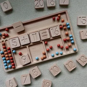 Wooden Montessori math toy detail, number blocks and counting beads for early childhood learning.