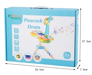 Wooden peacock drum musical toy for kids, multi-functional xylophone gift box 36.5cm