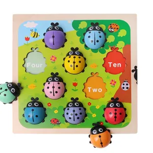 Wooden Montessori Educational Math Toy Number Ladybug Puzzle Board Shape Color Cognition Learning Toy