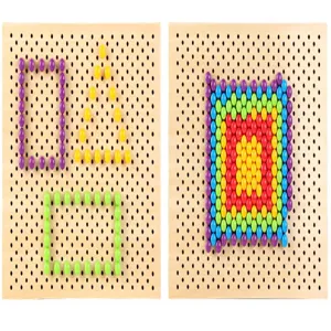 Close-up showing colorful pegs arranged in geometric shapes on wooden pegboard toy detail.
