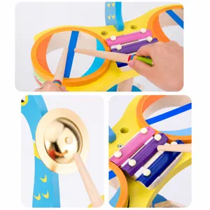 Multi-functional wooden musical toy for kids, including drum set, xylophone and cymbal.