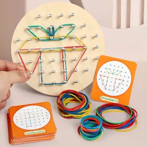 Wooden Montessori Geometric Geoboard Educational Toy Early Math Learning Puzzle Board With Rubber Bands Cards