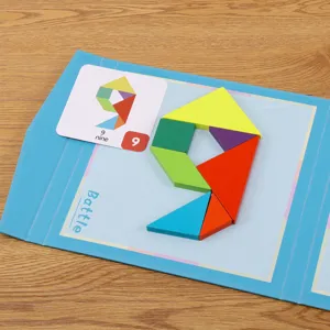 Kids magnetic tangram puzzle set with double battle board and colorful geometric shapes.