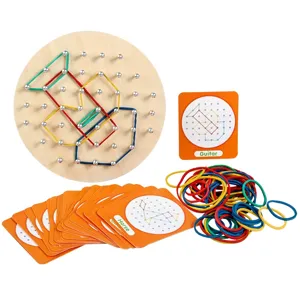 Montessori wooden geoboard toy set with colorful rubber bands and pattern cards for kids.