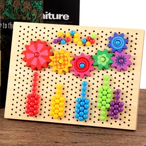 Kids wooden mushroom nail pegboard puzzle educational toy with colorful gears and building blocks
