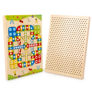 Wooden kids double-sided educational board game, ludo board and peg puzzle for early learning.