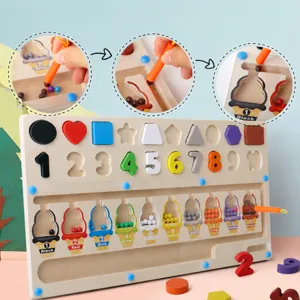 Kids educational wooden matching board toy with magnetic beads, numbers, and shape sorting.