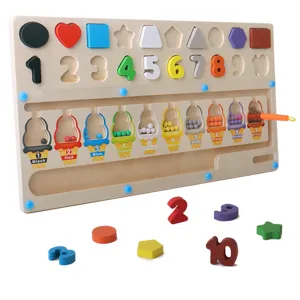 Wooden magnetic bead maze toy, kids shape and number matching color sorting educational board.