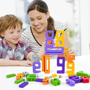Wooden number stacking blocks for kids math learning, colorful early educational toy set.