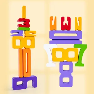 Wooden number stacking blocks, colorful educational toys for kids math learning and balancing.