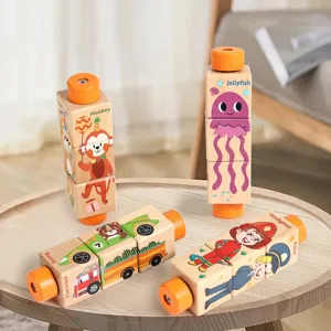 Bloques de Rompecabezas Rotativos de Madera Animales de Dibujos Animados Tráfico Juguete Educativo Aprendizaje Temprano Juguete de Agarre Regalo para Niños
