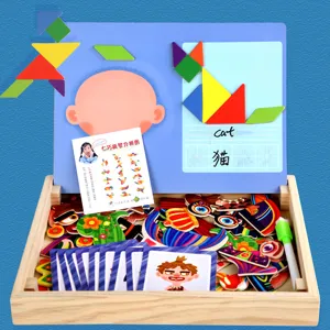 Wooden magnetic puzzle toy set for kids early education tangram and face changing shapes.
