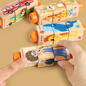 Juguete de bloques de rompecabezas giratorios 3D de madera para niños con animales y vehículos.
