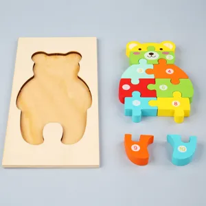 Juguete de rompecabezas de madera con números de oso para niños, educación temprana.