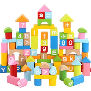Colorful wooden building blocks castle toy with numbers and letters for kids early learning.