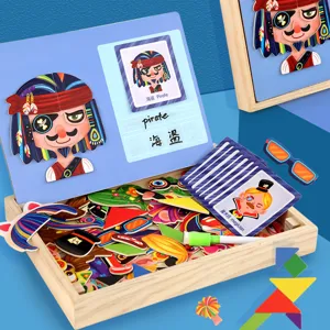 Kids wooden magnetic face puzzle dress-up toy early educational learning game set