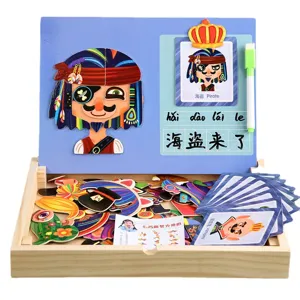 Kids early education wooden magnetic facial expression puzzle toy set with storage box.
