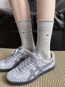 Retro fair isle heart bow mid-tube cotton socks women cute sweet college style hosiery