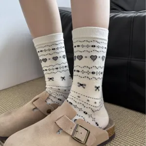 Retro Fair Isle Heart Bow Korean Style Mid Tube Cotton Women Socks Baroque Style Stacked Crew Socks