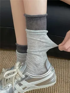 Summer ultra-thin breathable stacked socks for women, stylish grey layered rolled cuff design.