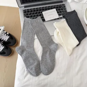 Women solid color long cotton crew socks casual stackable hosiery basic styles grey white