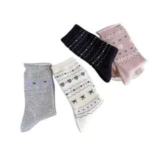 Vintage fair isle heart bow mid-calf cotton women socks cute aesthetic college style socks