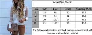 Detail view of mesh puff sleeve top with model wearing it, showing size chart data.