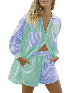 Casual striped two piece outfit women lapel long sleeve shirt and matching shorts set new.