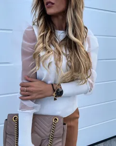 Women white knit top with sheer mesh puff long sleeves, stylish autumn fashion blouse for daily wear.