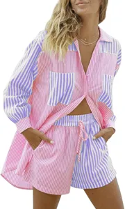 Detailed view of women's pink and purple striped button down shirt and matching shorts set.