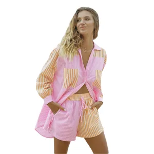 Detailed view of striped shirt and shorts set, casual lapel single-breasted two-piece.