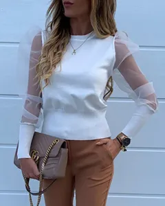 Women white mesh puff sleeve splicing top long sleeve casual t-shirt autumn fashion clothing