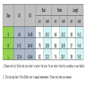 Detailed size chart measurements guide showing bust, waist and length dimensions for fitting.