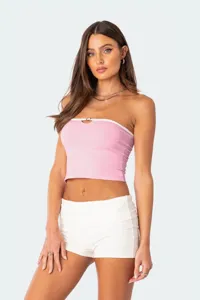 Zomer sexy strakke colorblock rugloze crop strapless top voor vrouwen, gedetailleerd.
