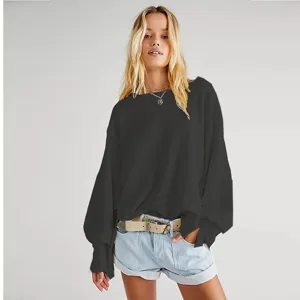 Felpa casual comoda a maniche lunghe con girocollo da donna, capo autunnale in tinta unita.