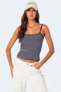 Detailed view of the casual striped camisole featuring slim fit and classic blue stripes.