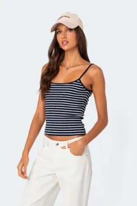 Detailed shot of women's casual striped camisole tank top, slim fit summer fashion style.