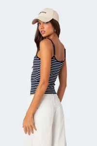 Detailed side view of the blue and white striped camisole top, slim fit summer style.