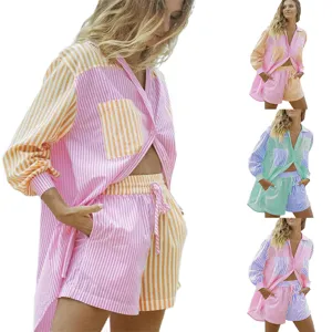 Women Casual Long Sleeve Lapel Shirt And Shorts Top And Bottom Set Loose Striped Button Down Outfit Daily Home Wear